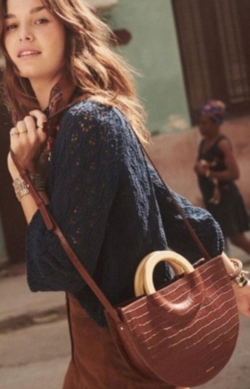 Sezane Ama Half-Moon Crossbody Bag with Wood Handles Croco